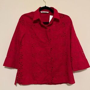 NWT Zara Red Embroidered Poplin Button Up Shirt